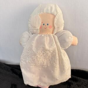 VTG SMALL EDEN PLUSH DOLL IN WHITE EYELET DRESS RATTLE TOY